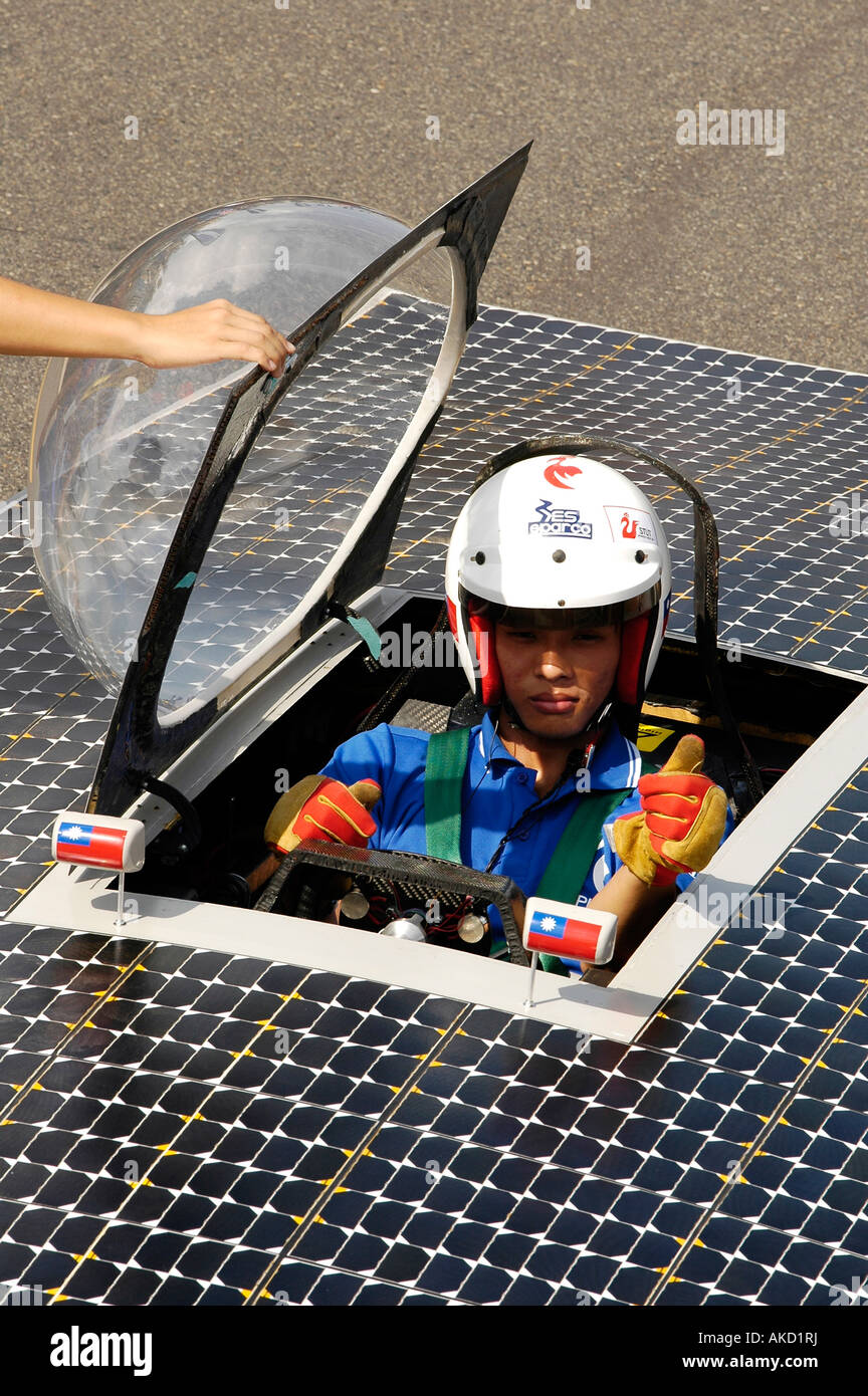 Pilot of a solar racing car. This vehicle uses photovoltaik technology