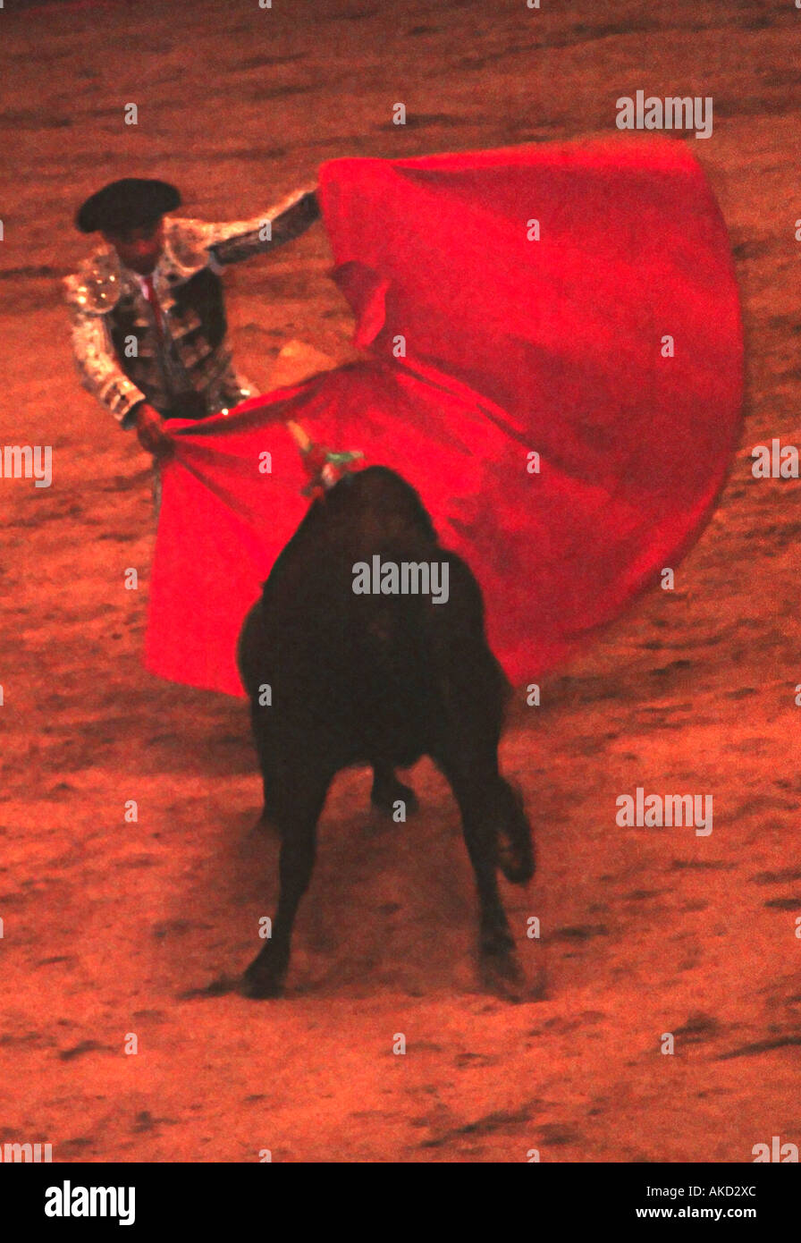 Bullfighter Waving Red Cape At Charging Bull Lisbon Bullring Portugal Stock Photo Alamy