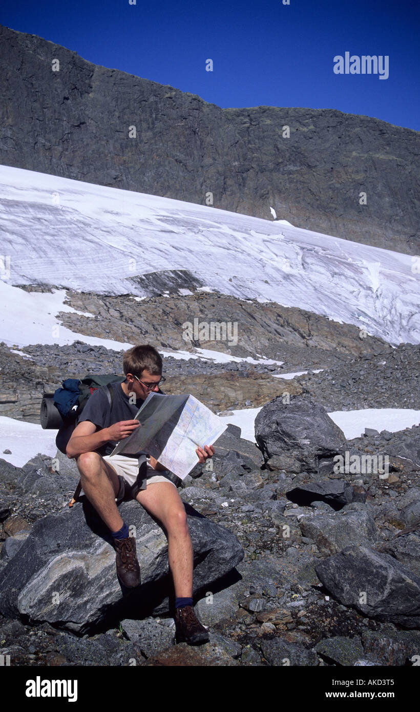 Hiker reading map. Helags, Sweden Stock Photo