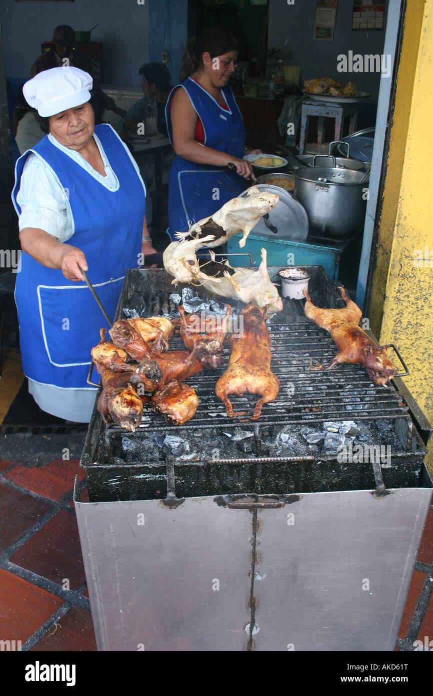Cuy, or Guinea Pig, a favorite Andean delicacy roasting over a streetside BBQ grill in Banos, Ecuador. Stock Photo
