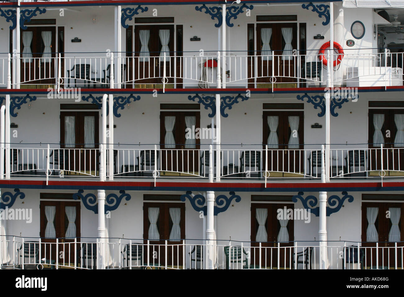 Staterooms of the American Queen riverboat on the Cincinnati riverfront on the Ohio River. Stock Photo