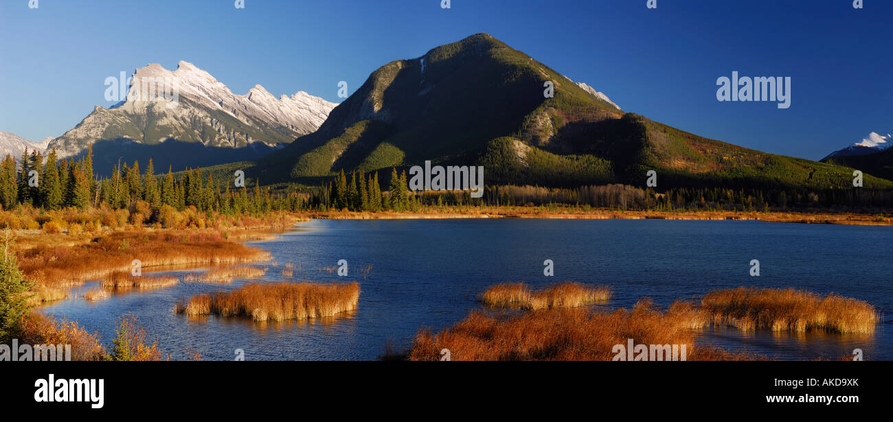 Fall Rundle Mountain Panorama of third Vermillion Lake with gold Fall colors snow on Mount ...