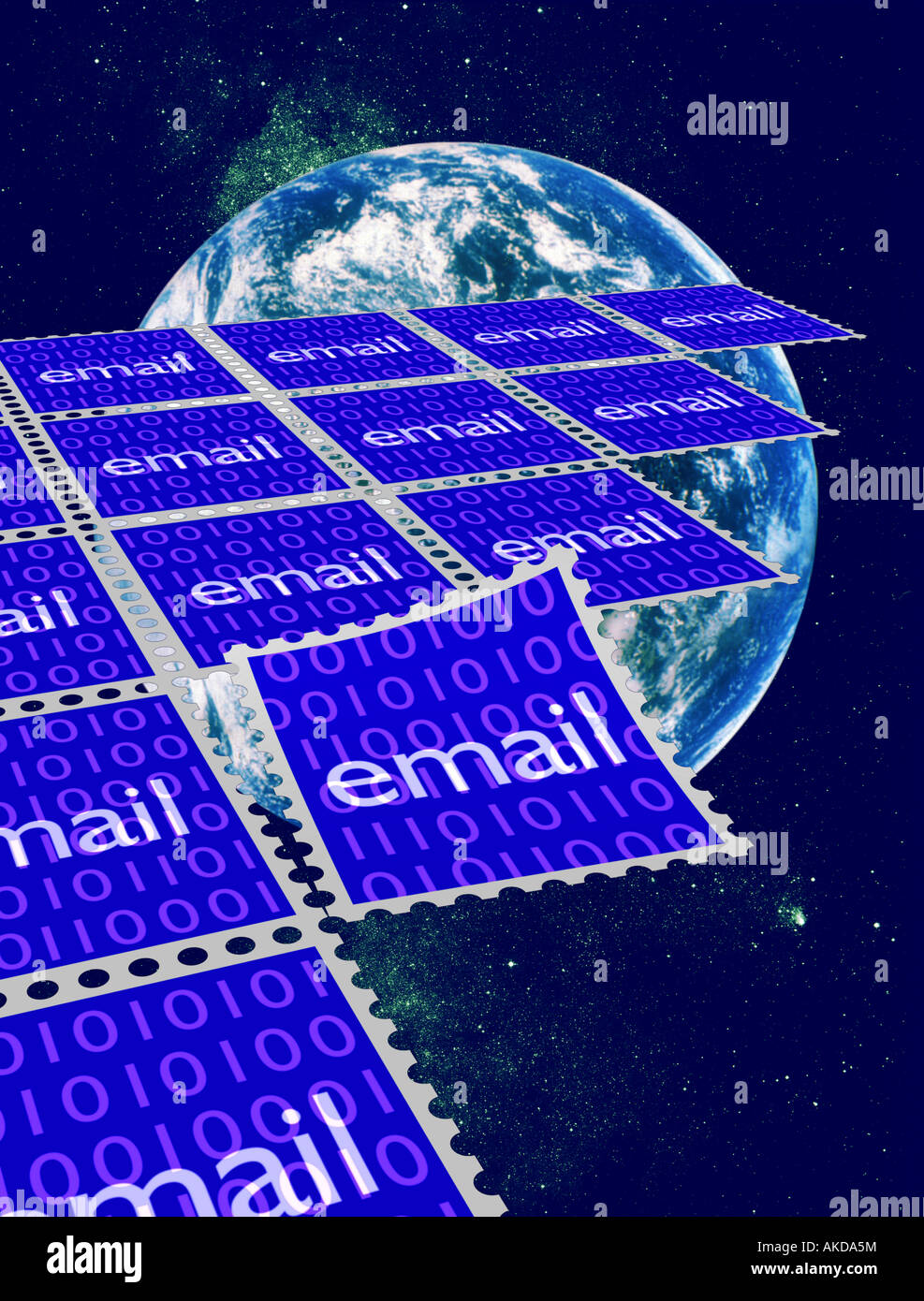 ROWS OF EMAIL STAMPS POST POSTAGE WITH NASA EARTH PLANET IN OUTER SPACE UNIVERSE CONNECTION Stock Photo