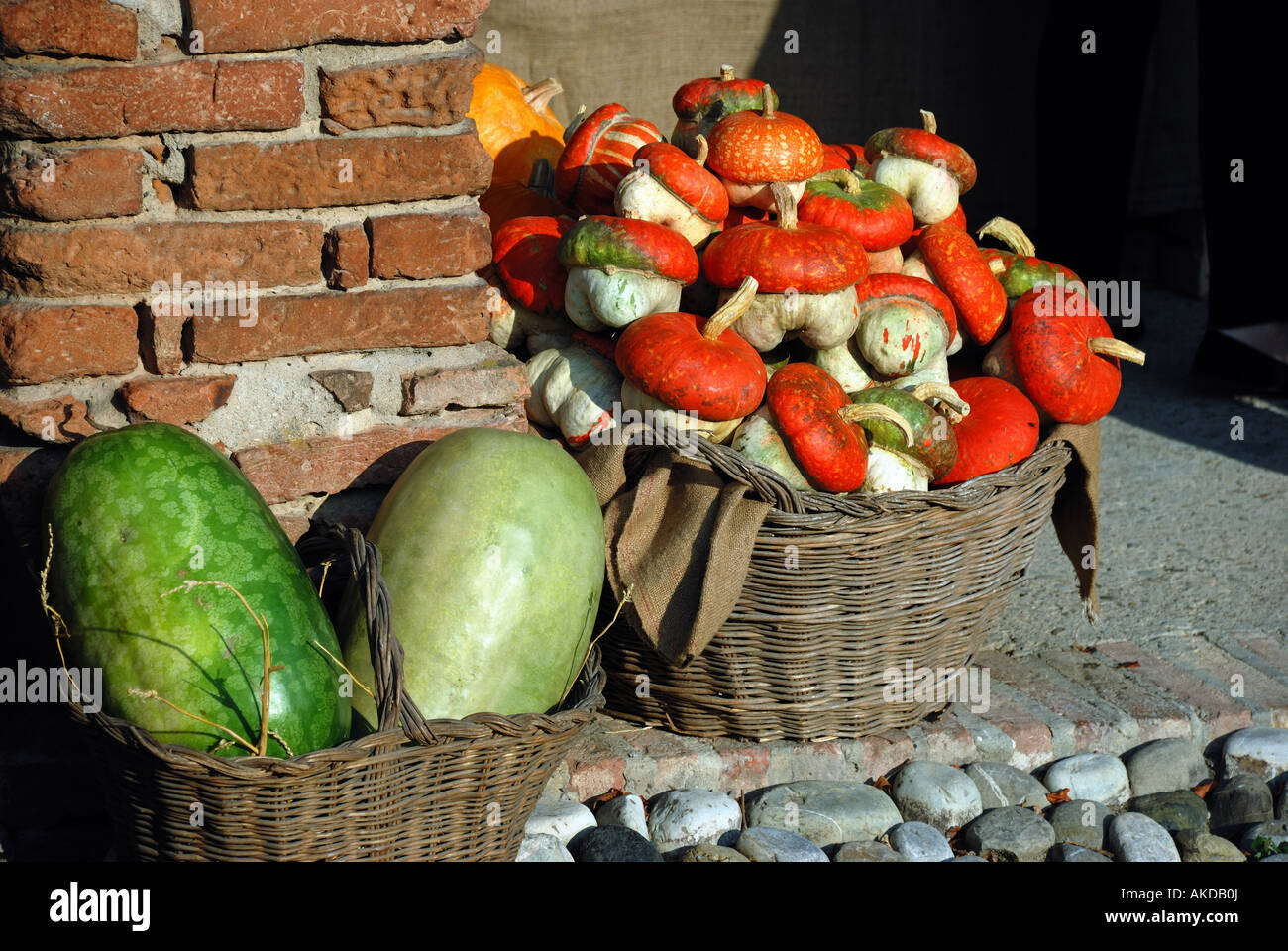 A display of pumpkins at an Autumn country fair in Italy Stock Photo ...