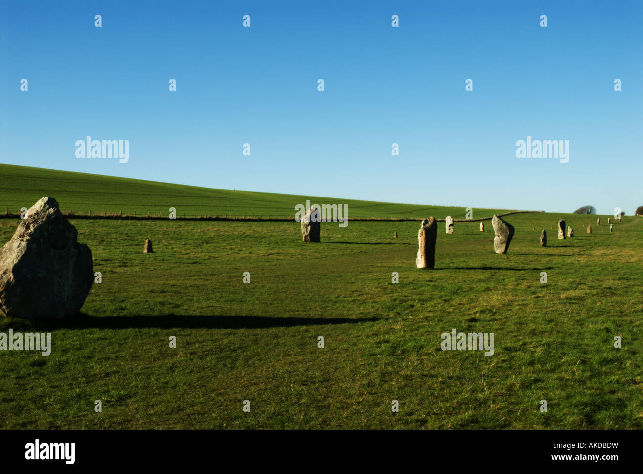 West Kennet Avenue of standing stones near Avebury, UK, Stock Photo