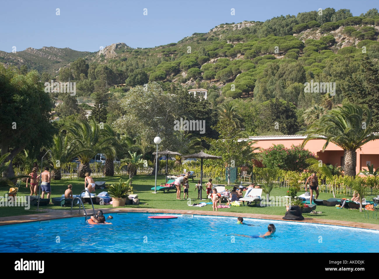 near Tarifa Cadiz Province Costa del la Luz Spain Swimming pool and gardens of Hotel Punta Sur Stock Photo
