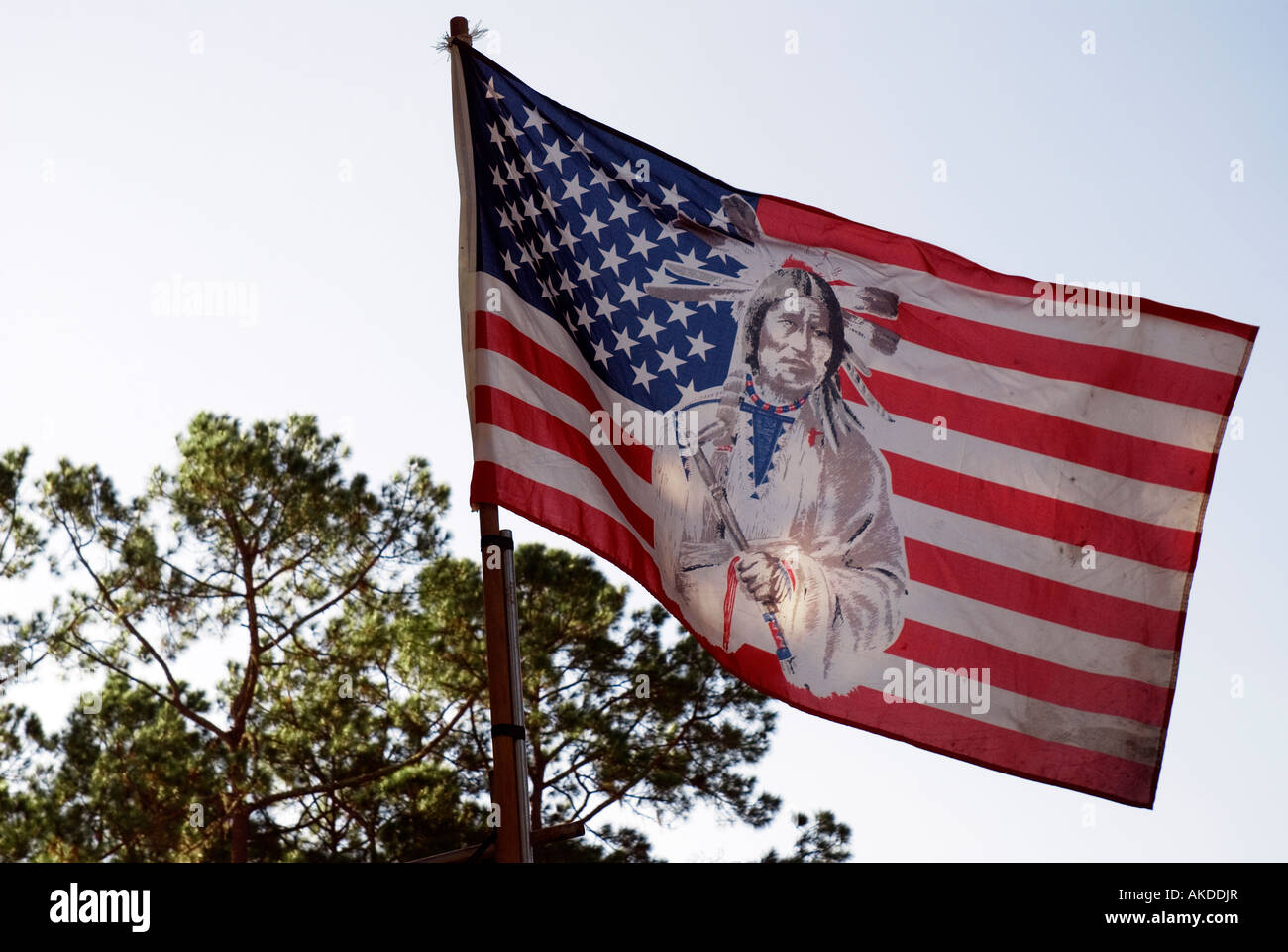 Native American version of American flag flies over festival Lake City Florida Stock Photo