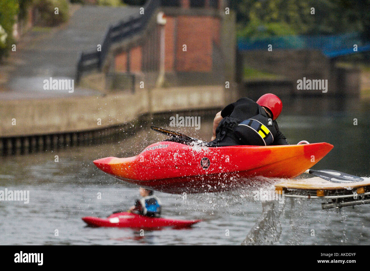 kayak flying off end of water ramp into river Stock Photo Alamy