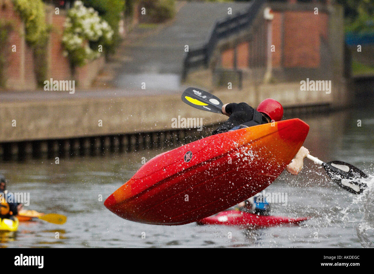 kayak flying off end of water ramp into river Stock Photo Alamy