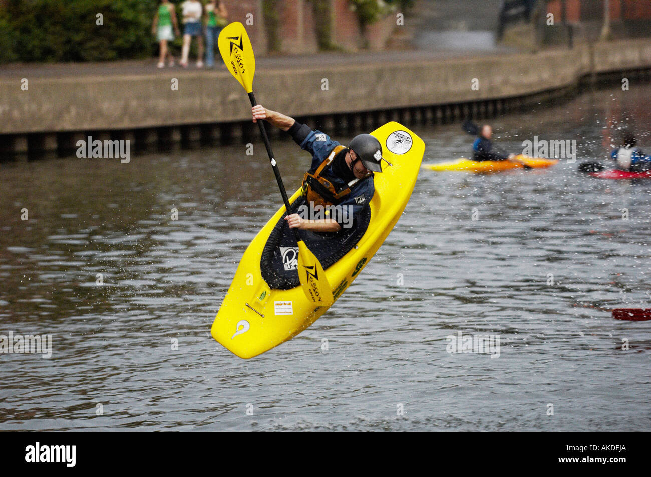 kayak flying off end of water ramp into river Stock Photo Alamy
