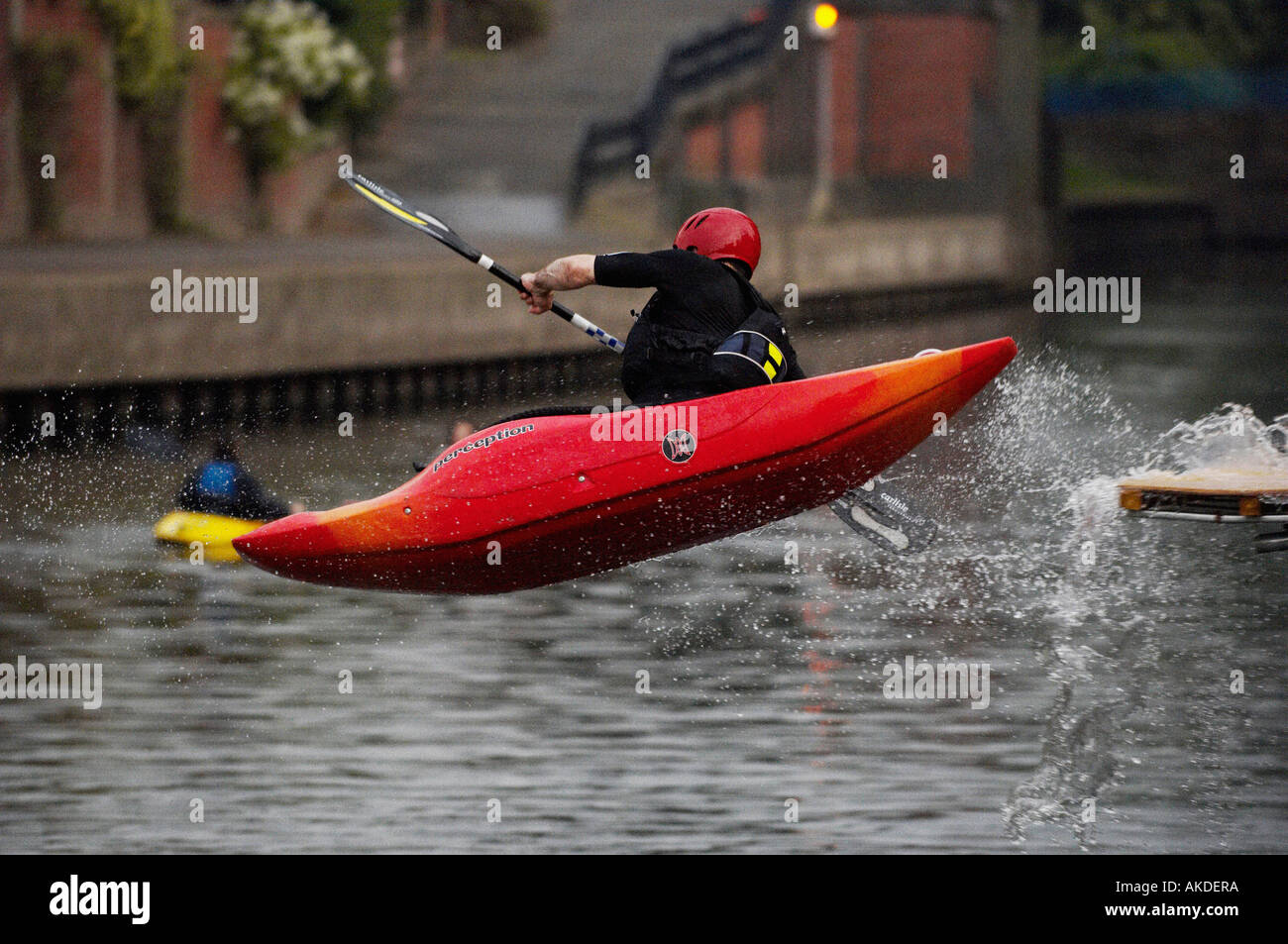 kayak flying off end of water ramp into river Stock Photo Alamy