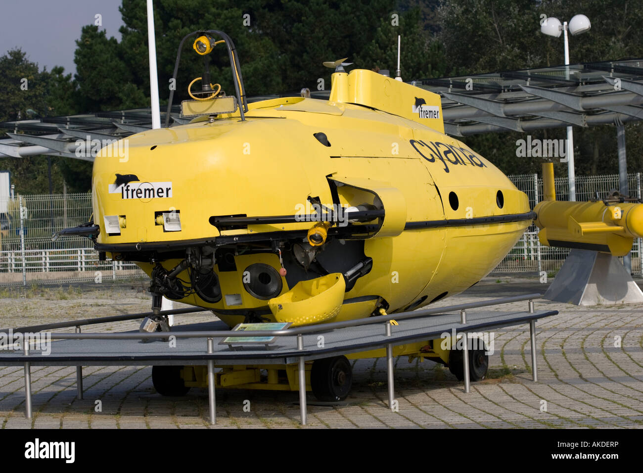 Yellow submarine Cyana underwater exploration vehicle Oceanopolis Brest Brittany France Stock Photo