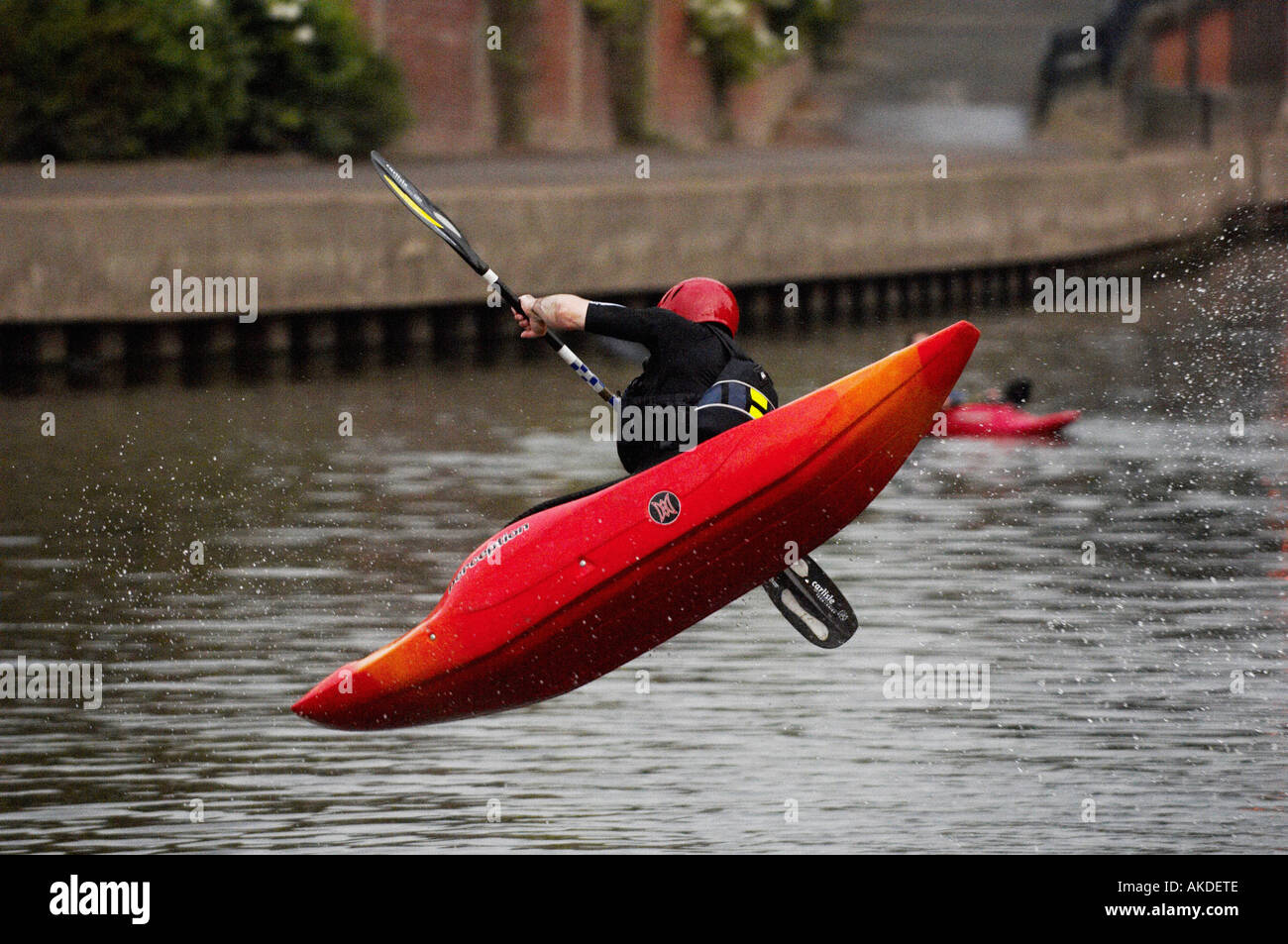kayak flying off end of water ramp into river Foss Stock Photo Alamy