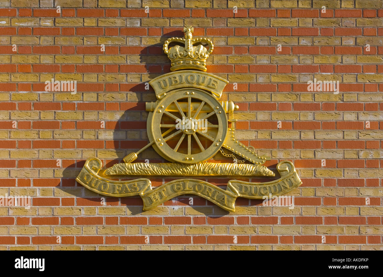 Royal Artillery motto and crest on the wall of the firepower museum in Woolwich Stock Photo