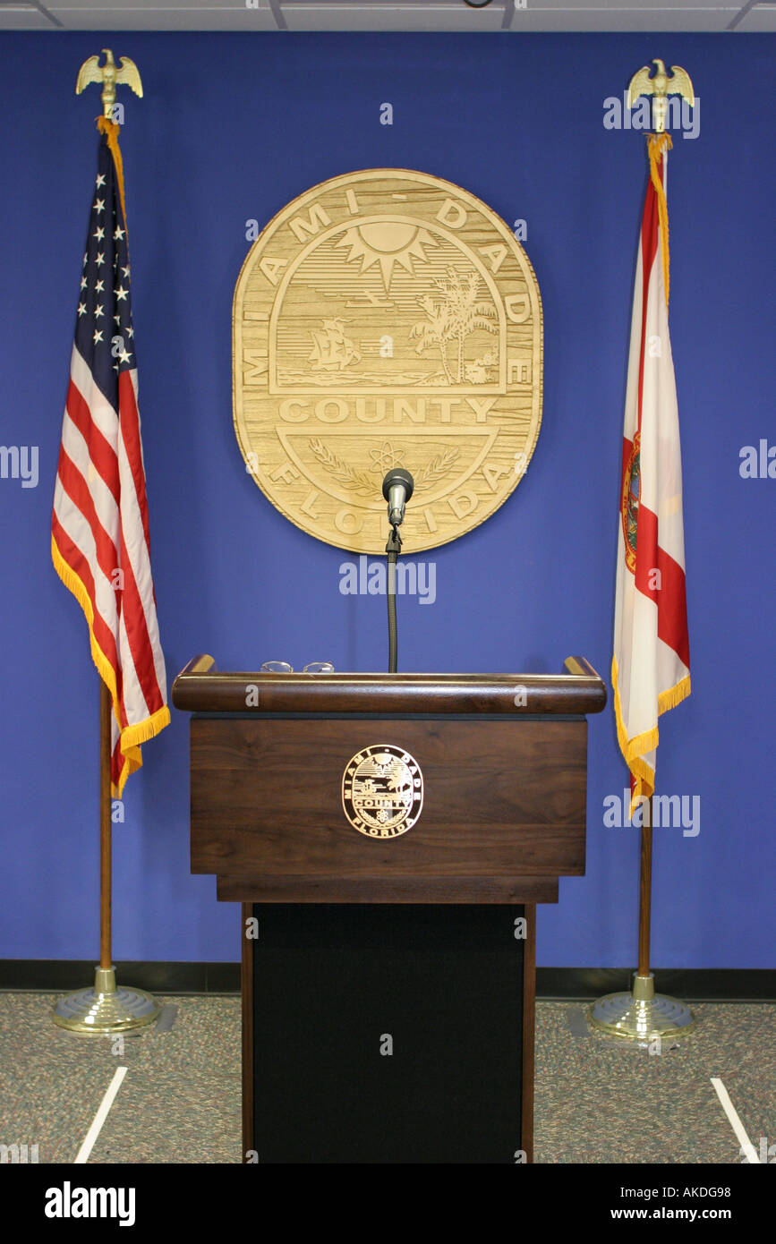 Miami Florida,Miami Dade County Emergency Operations Center,centre,during weather,Hurricane,speaker's podium,county seal,visitors travel traveling tou Stock Photo