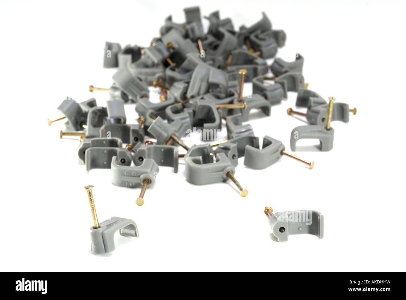 Grey electrical wiring cable clips Stock Photo Alamy