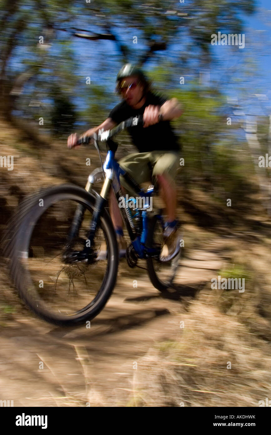 Riding a mountain bike through the bush fast. Stock Photo