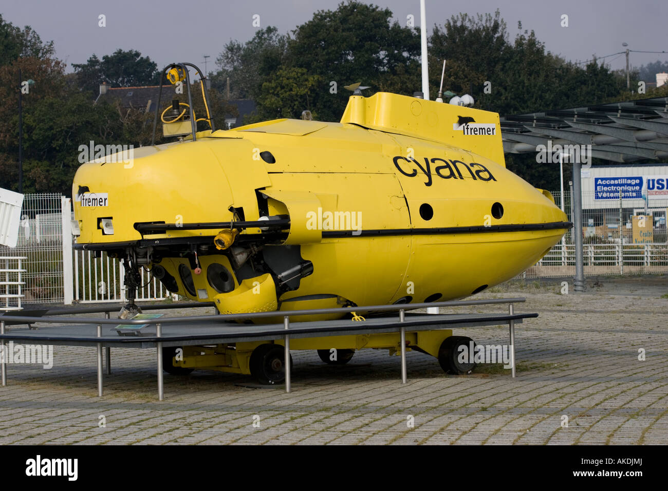 Yellow submarine Cyana Ilfremer underwater exploration vehicle Oceanopolis Brest Brittany France Stock Photo