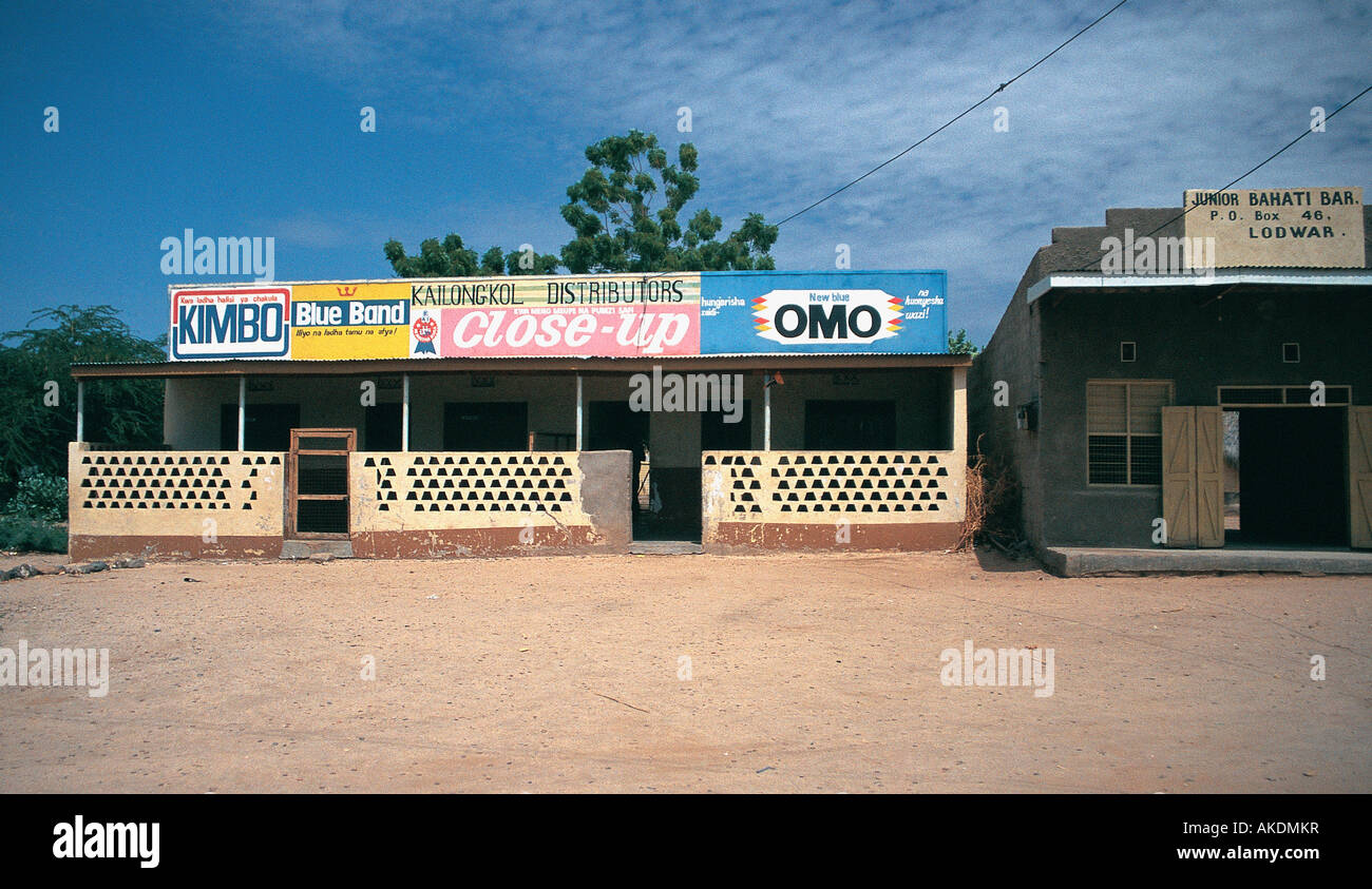 Typical small dukas or shops in the remote desert town of Lodwar in northern Kenya East Africa Stock Photo
