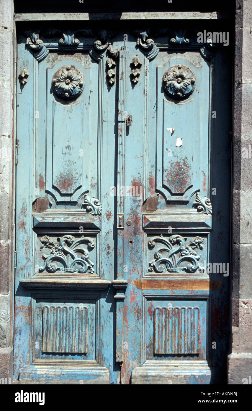 Weathered blue door in the Old Town, Quito, Ecuador Stock Photo