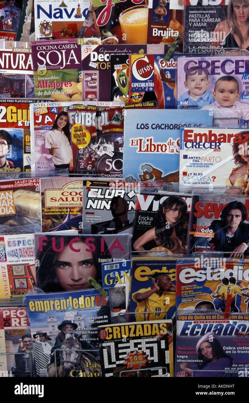 Spanish-language magazines on display at a newsstand in Quito, Ecuador Stock Photo