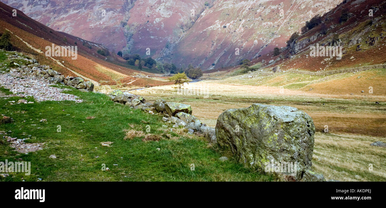 Landscape Autumn Colour boulder strewn Langstrath Valley Beck Stream Lake District National Park Cumbria Stock Photo