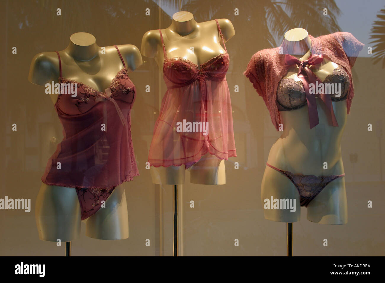 Miami Beach Florida,Lincoln Road Mall,mannequin,sexy lingerie,fashion,trendy,luxury,fashionable,lifestyle,trend,window  product products display sale,v Stock Photo