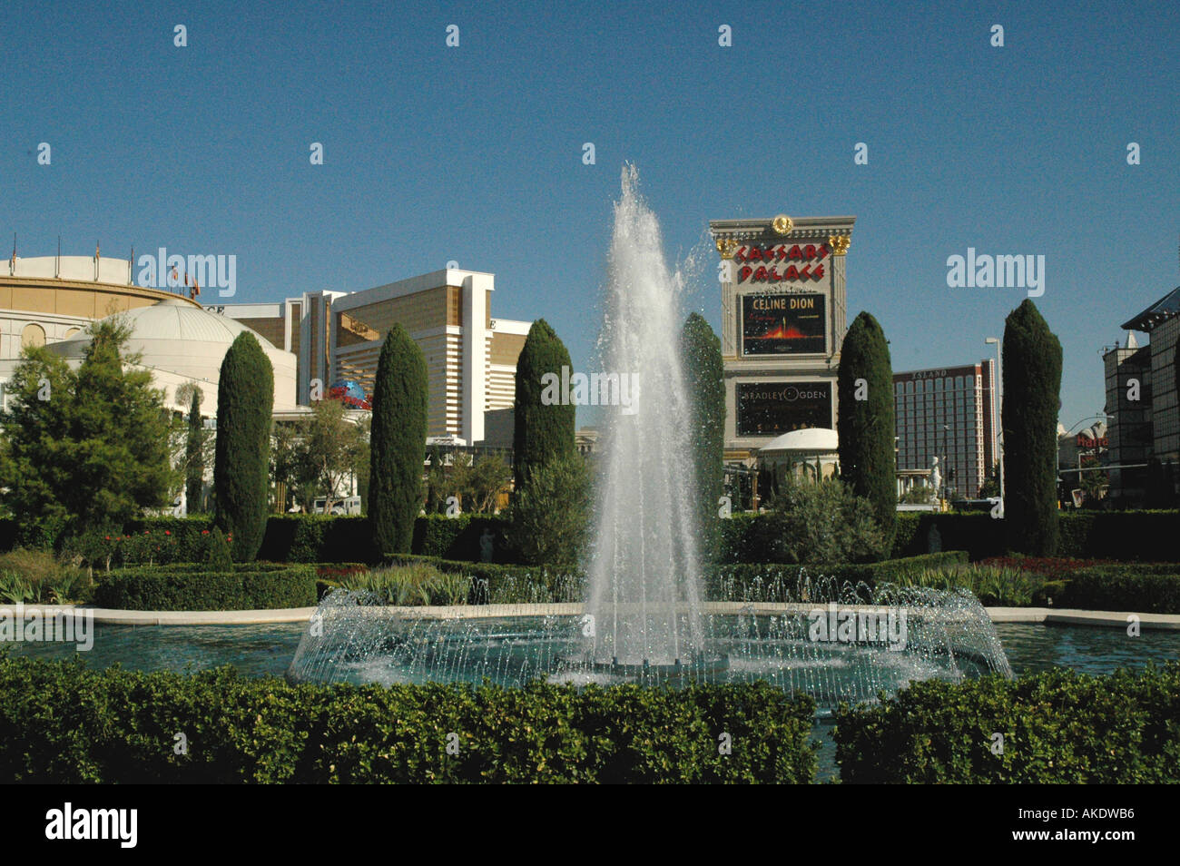 Las Vegas Nevada fountain shooting water with hotels and attractions in background caesars place mirage celine dion Stock Photo
