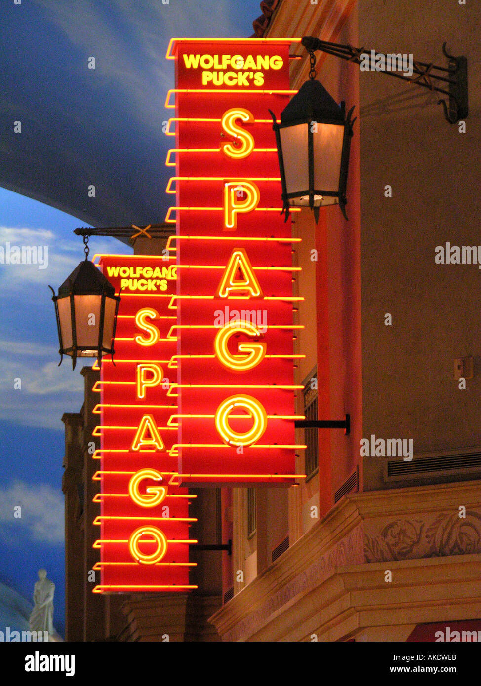 Las Vegas Nevada Las Vegas strip Caesars Palace Forum Shops Restaurants Wolfgang Puck Spago Restaurant Signs Stock Photo