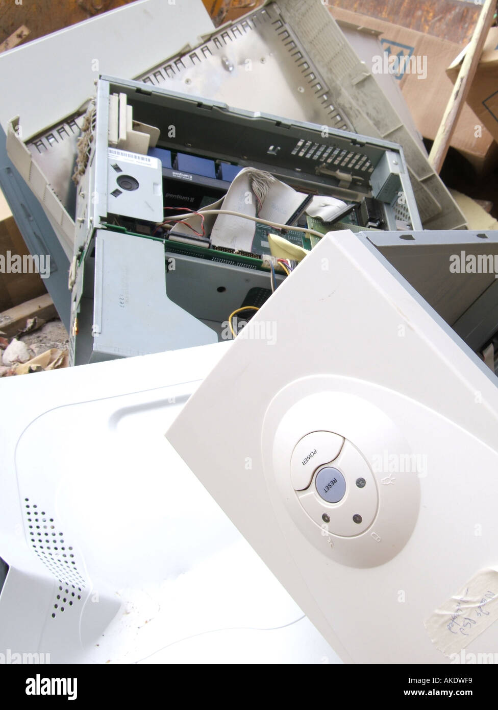 old computers dumped in skip Stock Photo - Alamy