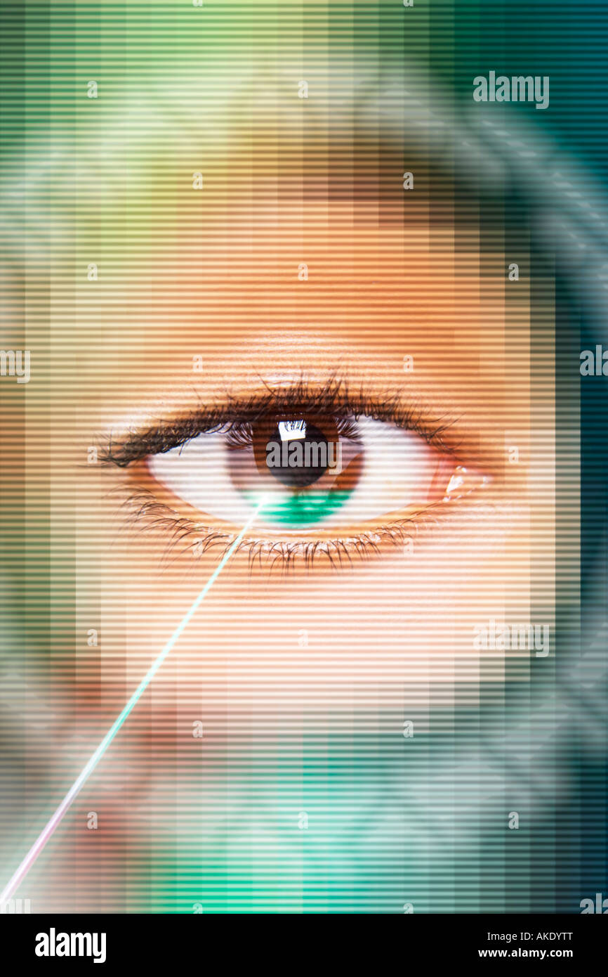 Laser beam on eye, close up, digital composite Stock Photo