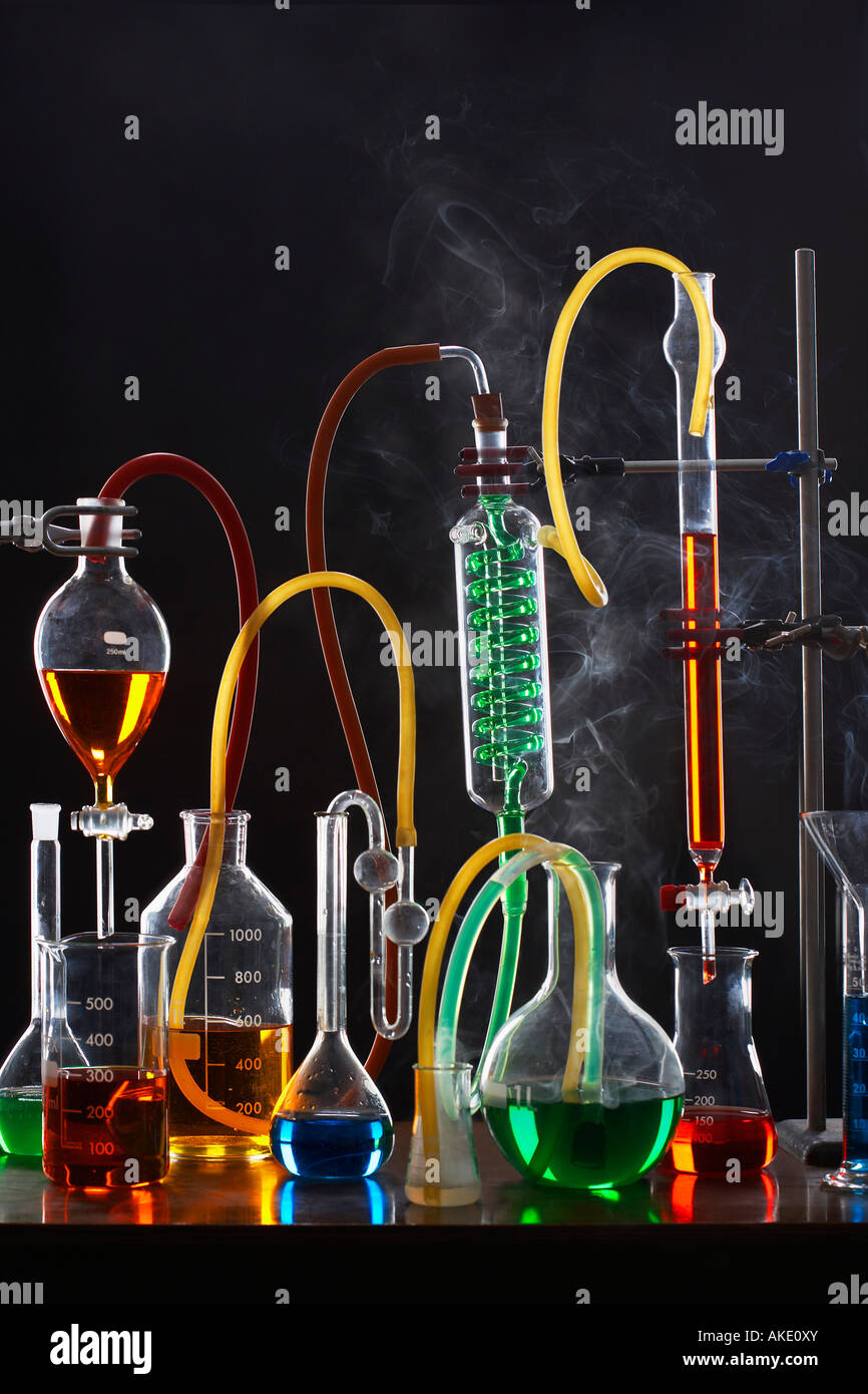 Science equipment including test tubes and flasks Stock Photo