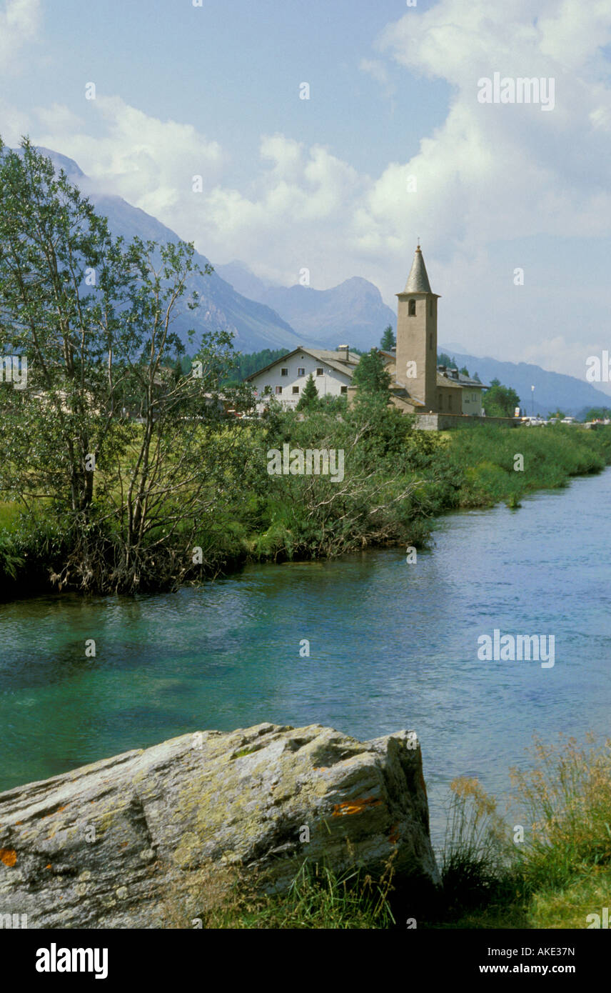 sant laurence church at sils baselgia village, sils, switzerland Stock Photo