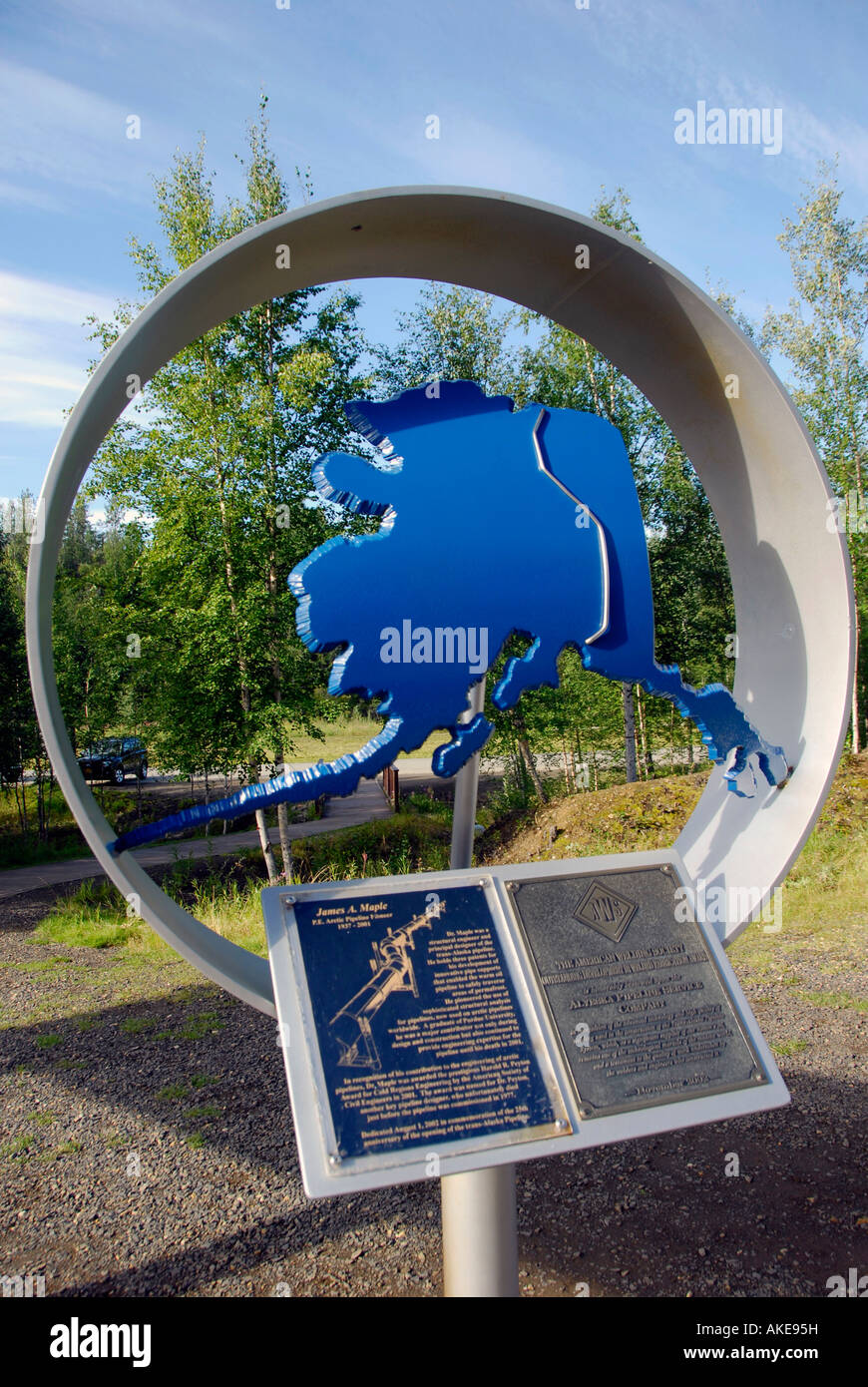 Alyeska Pipeline Service Company Commemorative Marker along Alaskan Pipeline Alaska Prudhoe Bay to Valdez Alaska Highway ALCAN A Stock Photo