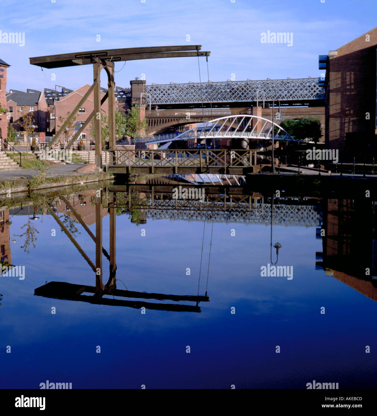 Four different old and new bridge types, Merchants' Quay, Castlefield Urban Heritage Park, Manchester, England, UK. Stock Photo