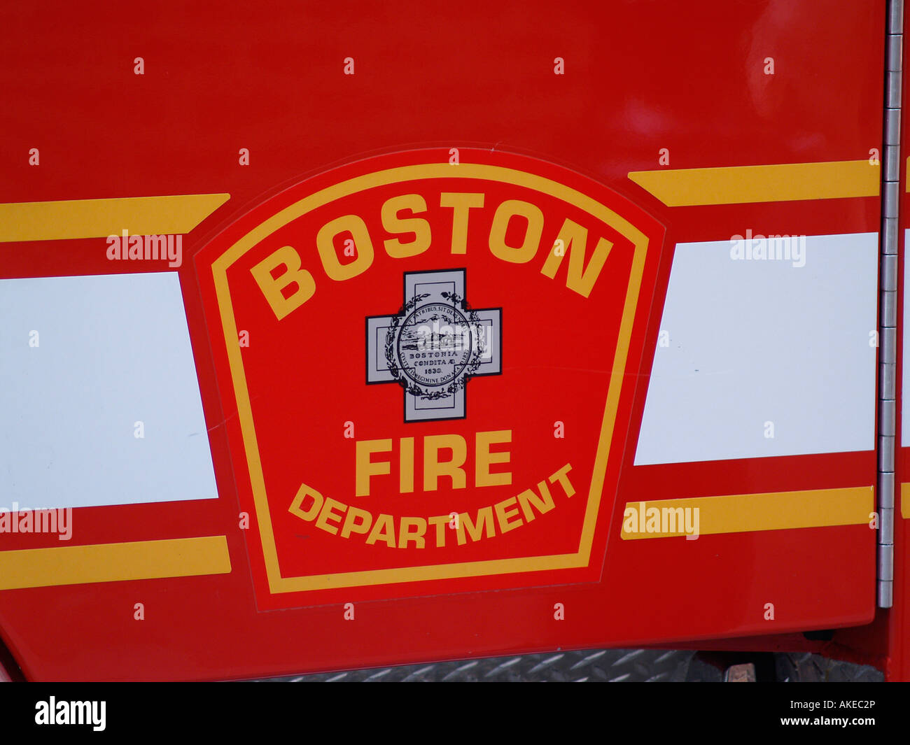 Badge of the Boston Fire Department on the side of a Fire Engine Boston Mass USA Stock Photo