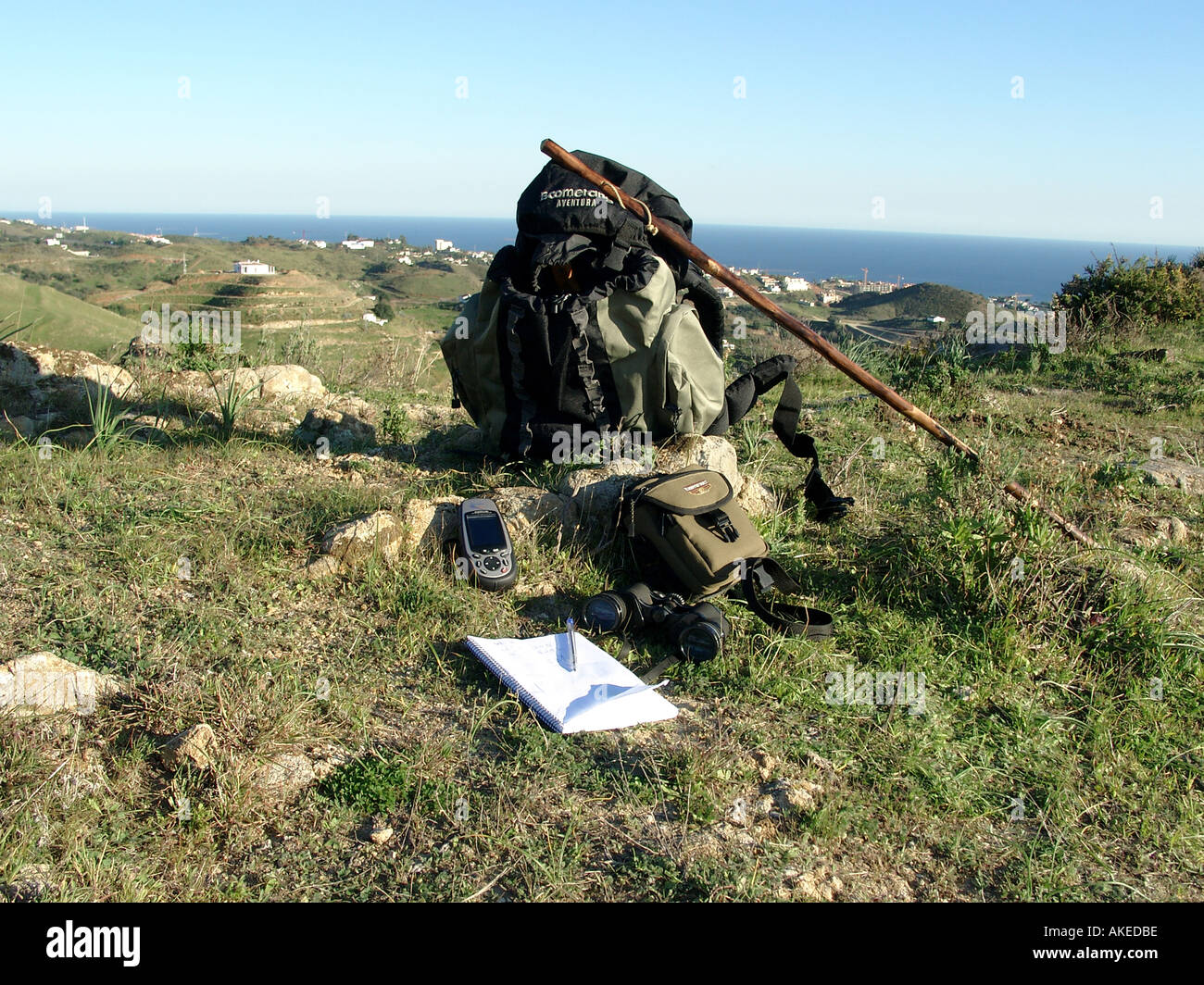 Global positioning system (GPS) unit in use on a country walk, in countryside between Fuengirola and Mijas, Andalucia, Spain, Stock Photo