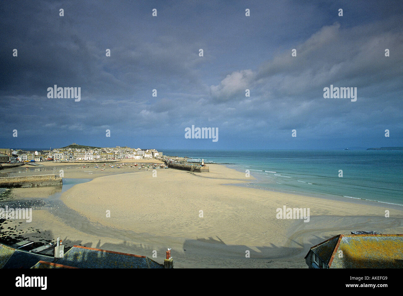 St Ives with wide sandy beach at low tide Cornwall Stock Photo