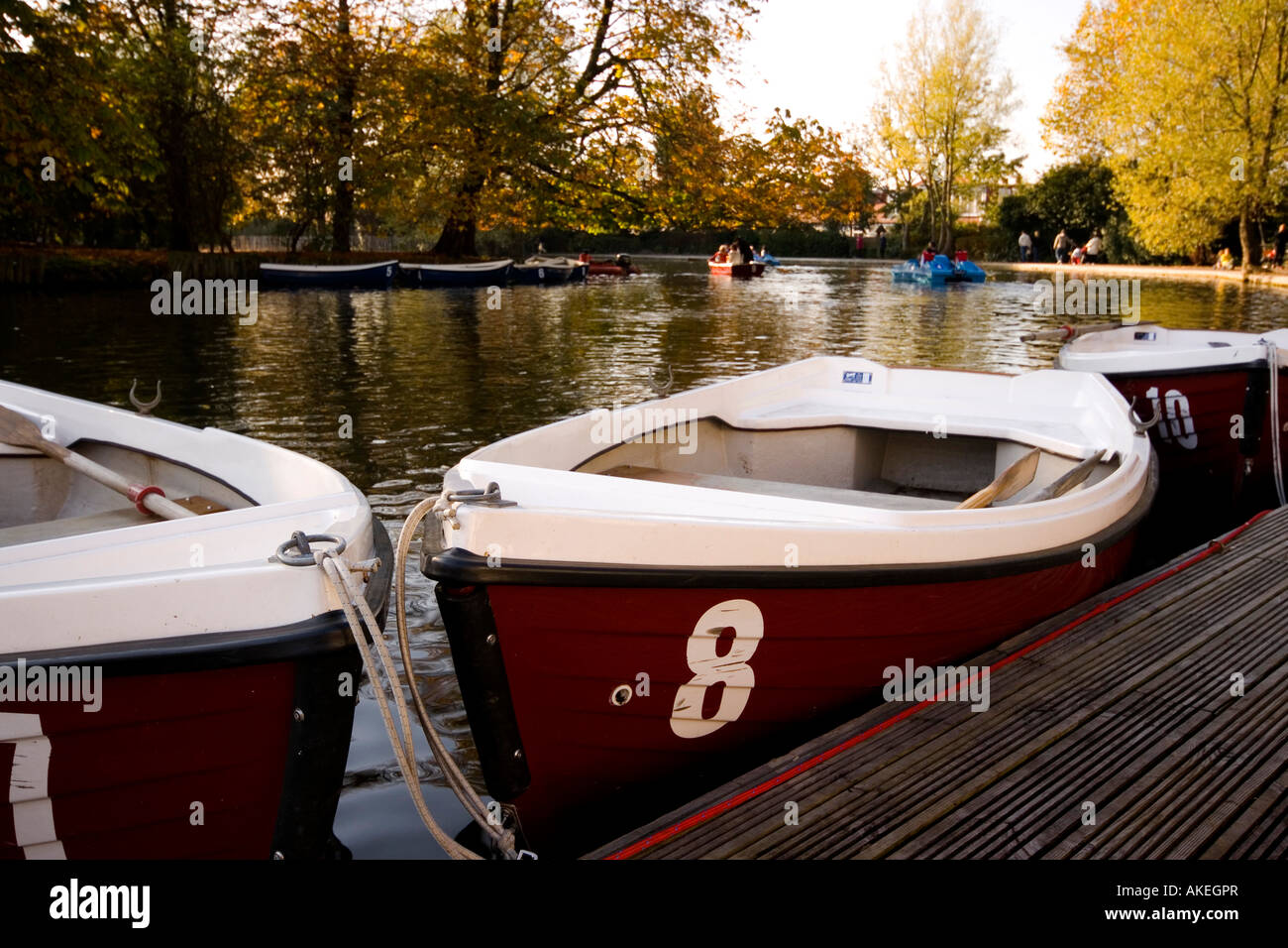 Boats moored on boating lake Alexandra Palace, London, England UK Stock Photo
