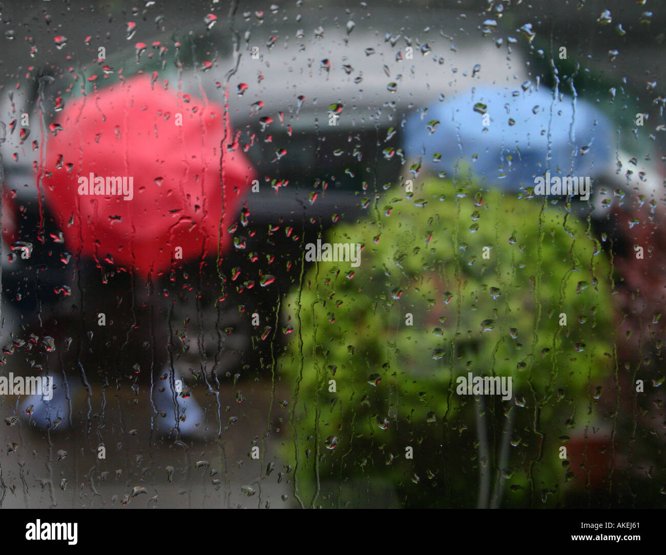 Coloured umbrellas, seen through the window. Stock Photo
