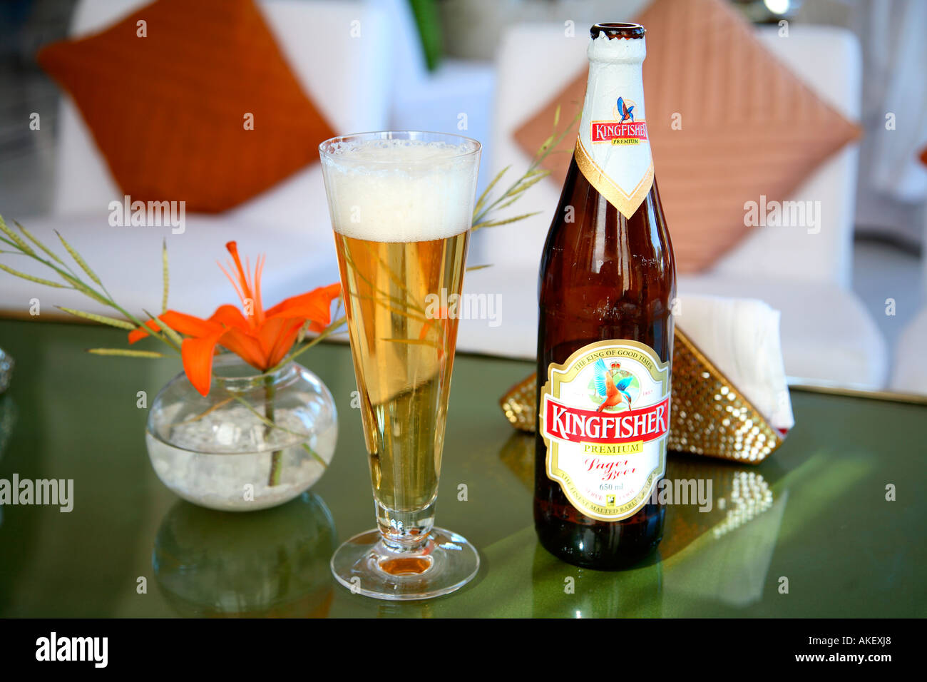 Beer indian beer Kingfisher bottle and glass on table India Stock ...