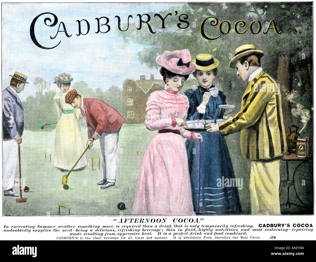 Advertisement for Cadbury Cocoa showing young couples playing croquet 1899 Stock Photo