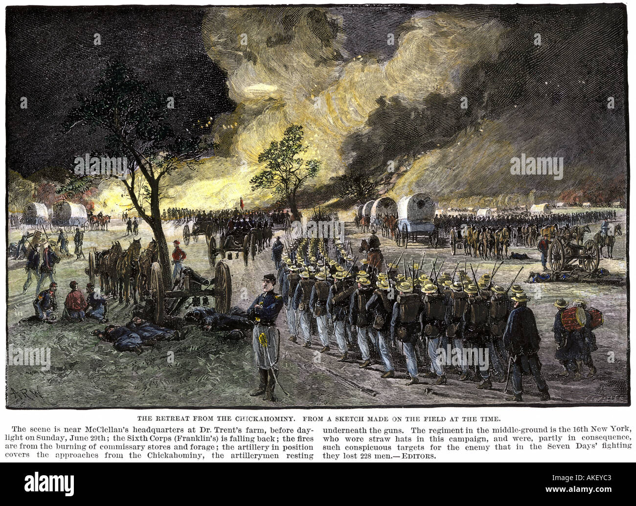 Army of the Potomac under General George B. McClellan retreating from the Chickahominy 1862, US Civil War. Hand-colored woodcut Stock Photo