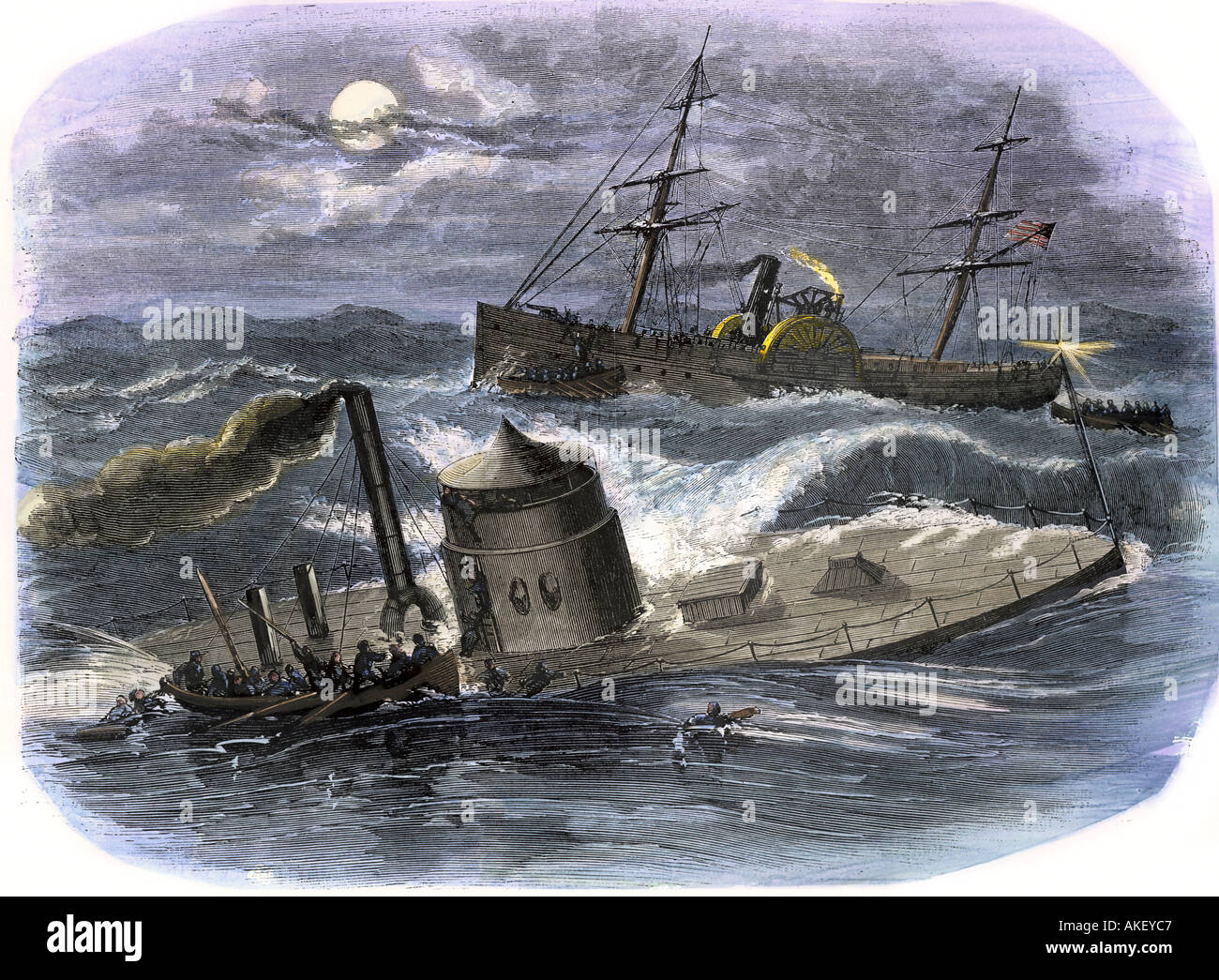 Sinking of the ironclad gunboat Monitor in a gale off North Carolina in 1862 crew escaping to the USS Rhode Island. Hand-colored woodcut Stock Photo