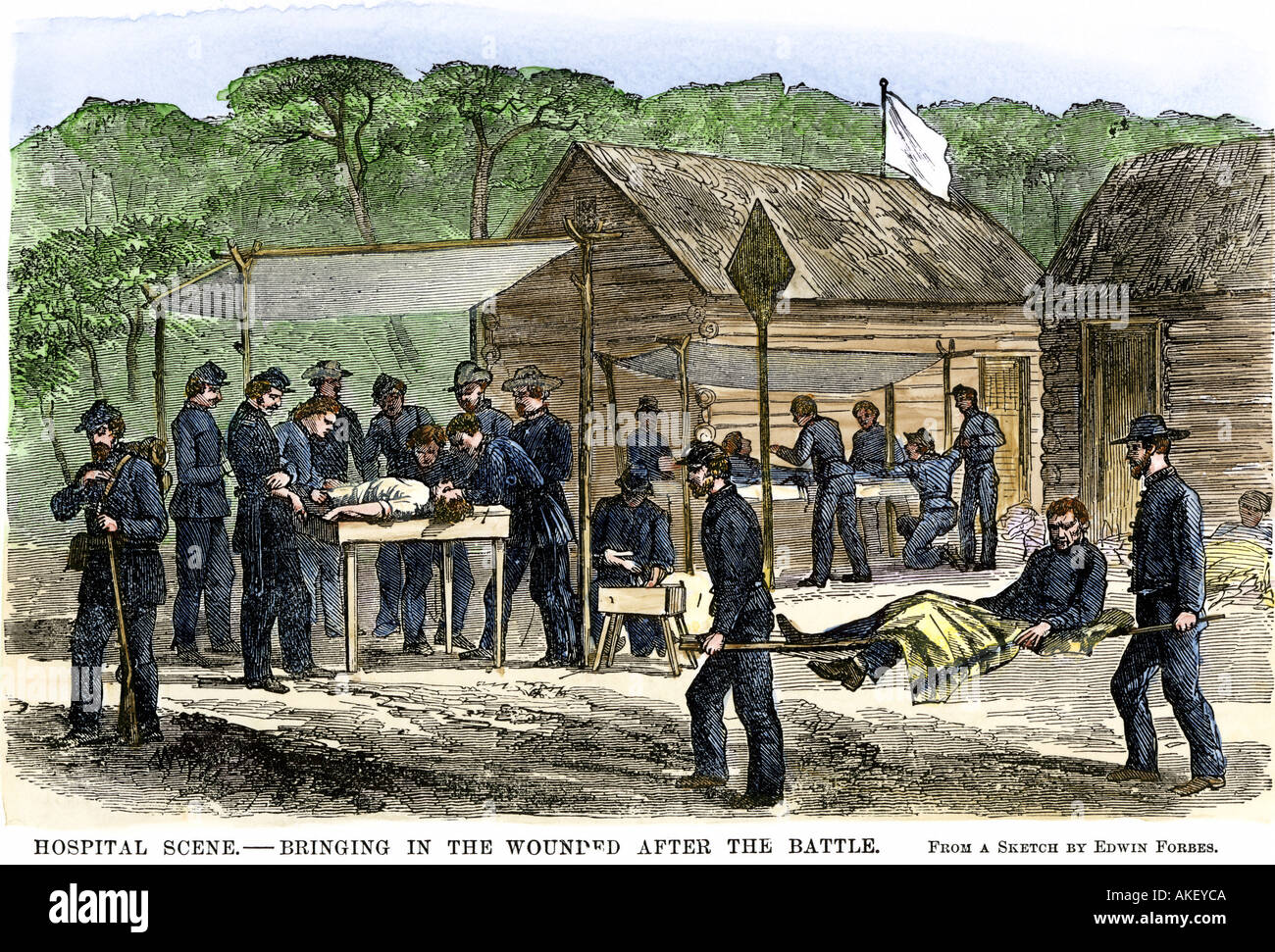 Litter bearers bringing wounded men to a Union field hospital after a Civil War battle in Virginia 1863. Hand-colored woodcut Stock Photo