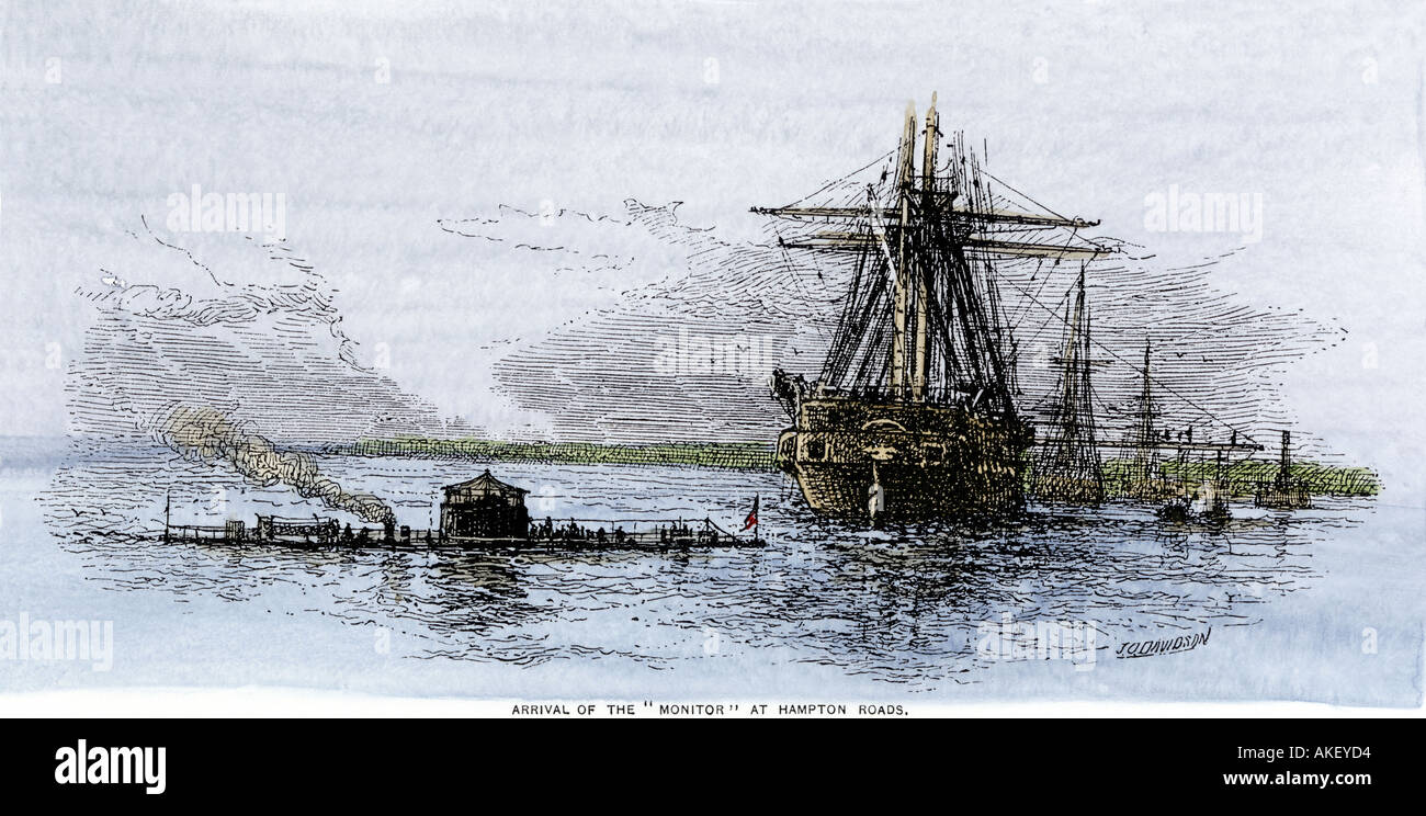 Arrival of the ironclad Union gunboat Monitor at Hampton Roads Virginia before battle with the Merrimac 1862. Hand-colored woodcut Stock Photo