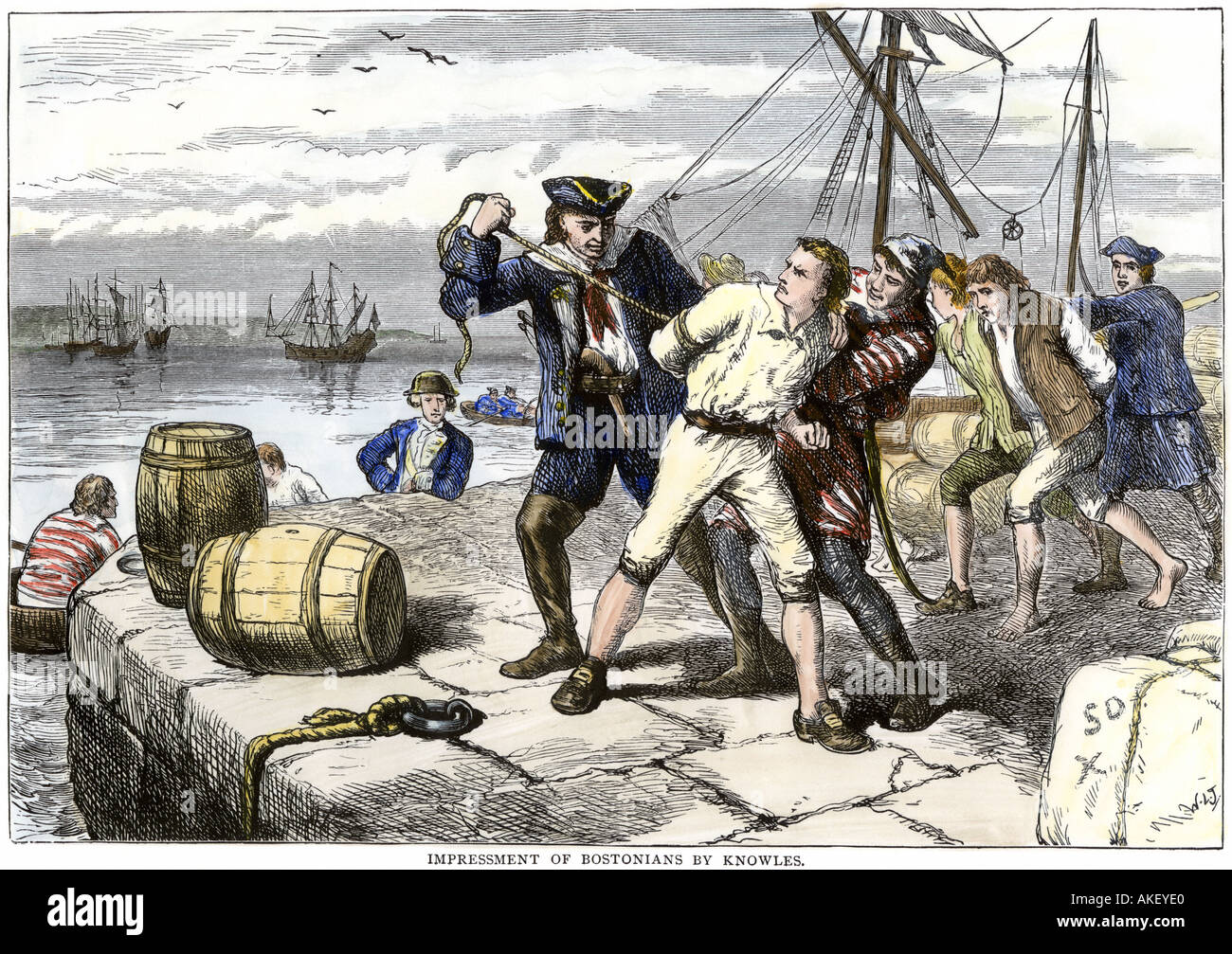 American sailors in Boston impressed into service of the British Navy before the War of 1812. Hand-colored woodcut Stock Photo