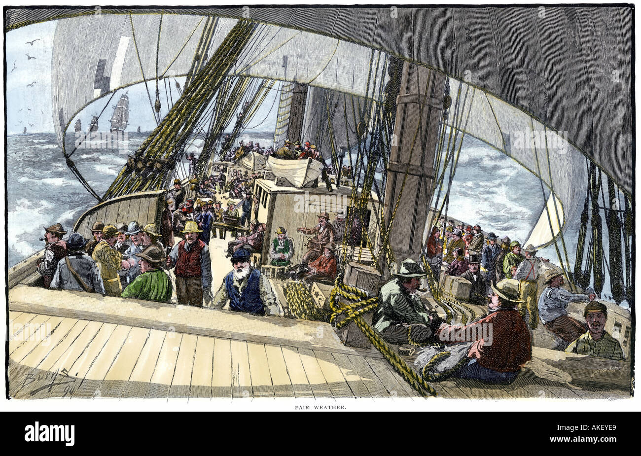 Gold seekers en route to the California Gold Rush on a clipper ship in fair weather 1849 or 1850. Hand-colored woodcut Stock Photo