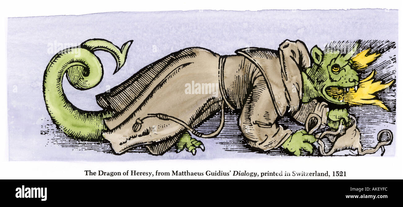 Dragon of Heresy from the Dialogy by Guidius printed in Switzerland 1521. Hand-colored woodcut Stock Photo