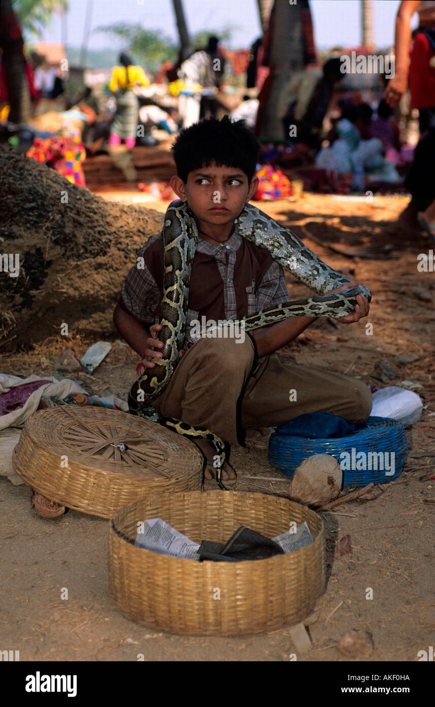 Indien, Goa, District Bardez, Anjuna, Schlangenbeschwörer am Hippie-Flohmarkt Stock Photo - Alamy